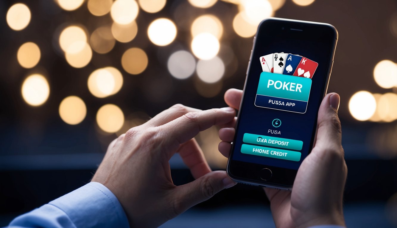 Sebuah smartphone dengan layar yang bersinar menunjukkan aplikasi poker dan sebuah tangan yang memegang ponsel siap untuk melakukan deposit menggunakan pulsa.