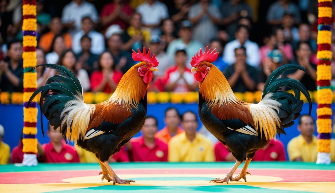 Dua ayam jantan berhadapan di arena yang penuh warna dan ramai, dikelilingi oleh penonton yang bersorak dan dihiasi dengan dekorasi tradisional Indonesia