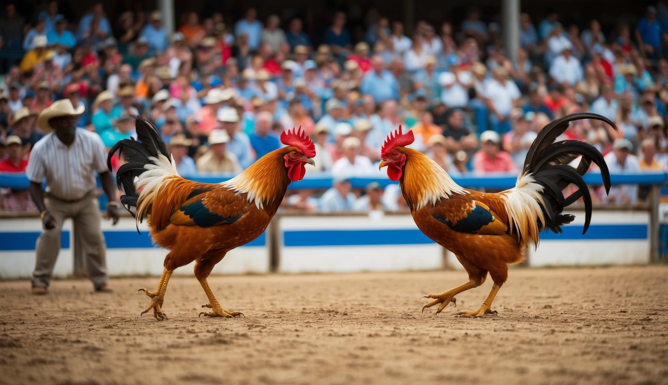 Sebuah arena luar ruangan yang ramai dengan dua ayam jantan yang berhadapan dalam acara sabung ayam langsung. Penonton menyaksikan dari tribun, bersorak-sorai dan memasang taruhan.