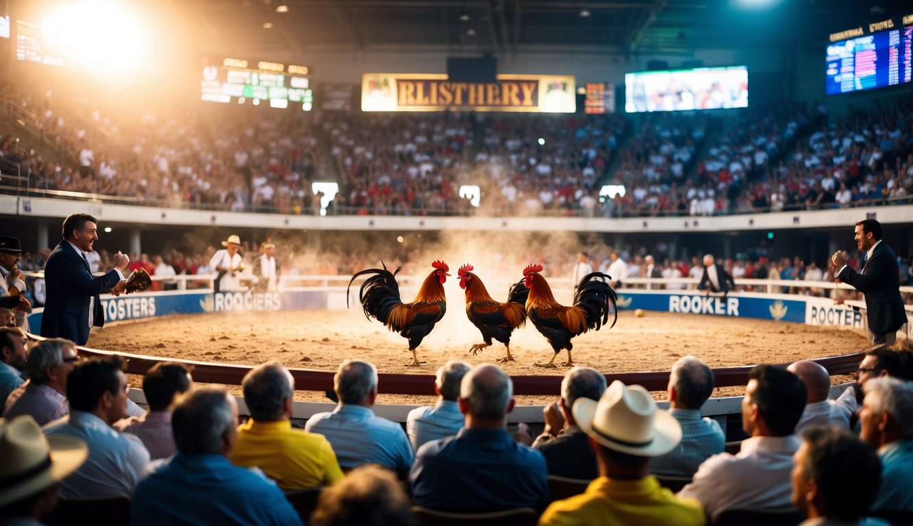 Sebuah arena yang ramai dengan ayam jantan bertarung di tengah, dikelilingi oleh penonton yang bersorak dan aktivitas taruhan.