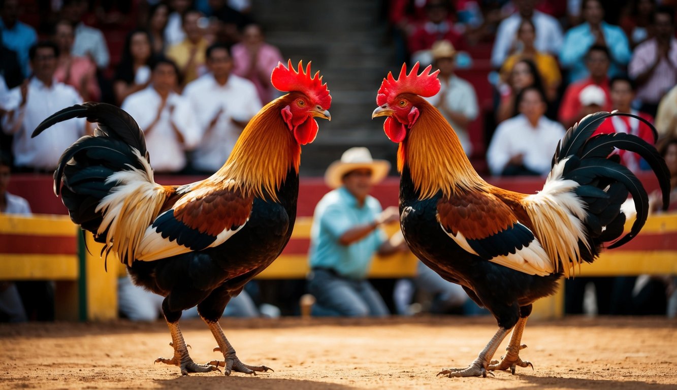 Dua ayam jantan berhadapan di arena sabung ayam tradisional, dikelilingi oleh kerumunan penonton yang bersorak dan memasang taruhan