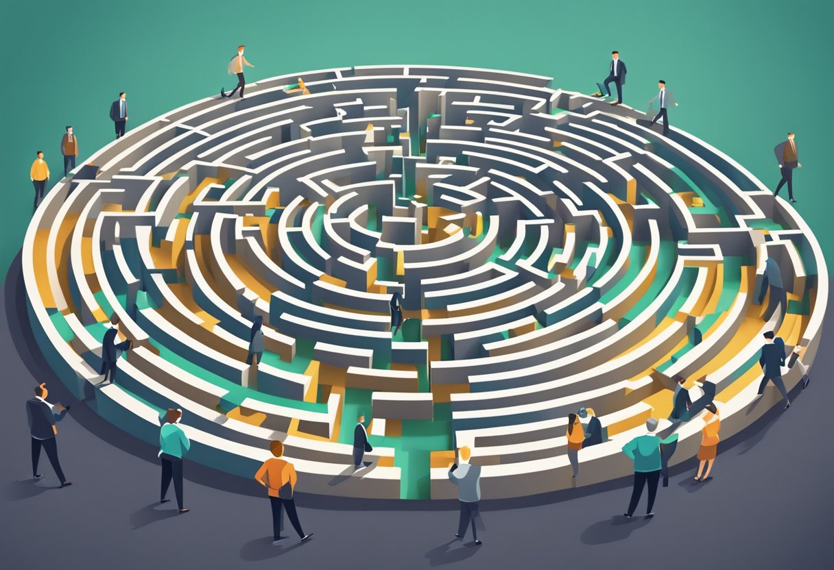 A career coach facing a maze of obstacles, symbolizing the challenges of the industry