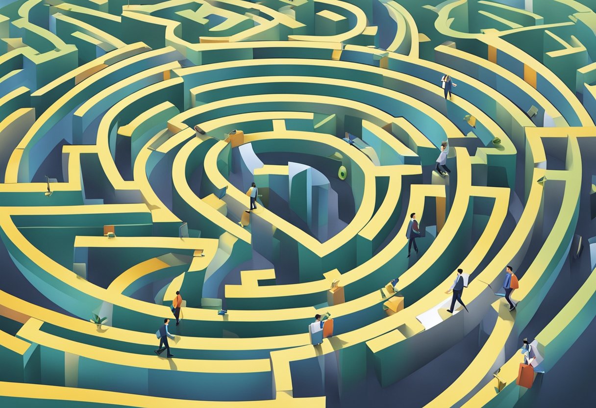 A career coach navigating through a maze of obstacles, with keys symbolizing competencies scattered throughout the path