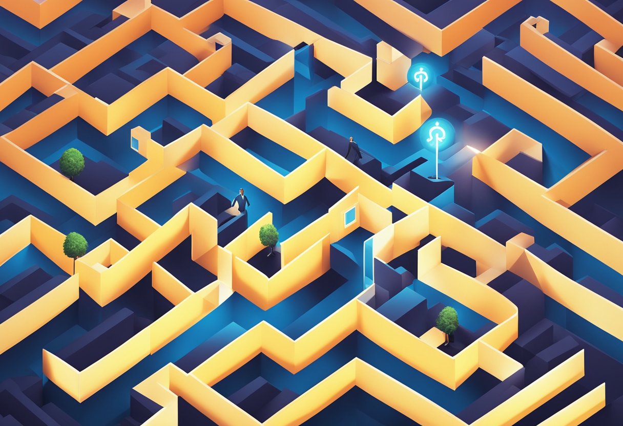 A career coach navigating through a maze of obstacles, with a clear path leading to a glowing symbol of growth and success