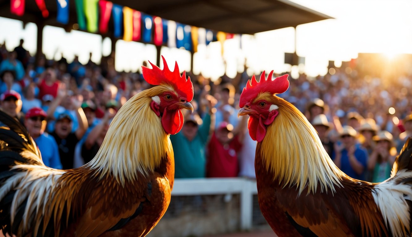 Dua ayam jantan berhadapan di arena yang ramai, dikelilingi oleh penonton yang bersorak dan spanduk berwarna-warni. Matahari terbenam, memancarkan cahaya hangat di atas adegan tersebut.