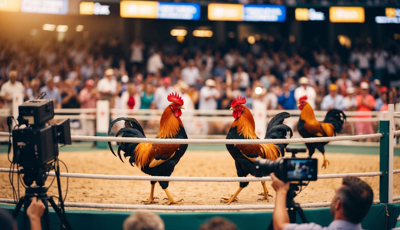 Sebuah arena luar ruangan yang ramai dengan ayam jantan bertarung di sebuah ring, dikelilingi oleh penonton yang bersorak dan peralatan siaran langsung