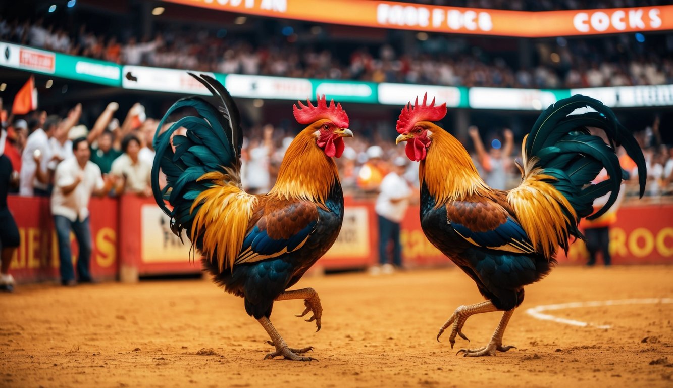 Sebuah arena sabung ayam yang ramai dan penuh semangat dengan penonton yang bersorak dan dua ayam jantan megah yang terlibat dalam pertarungan sengit