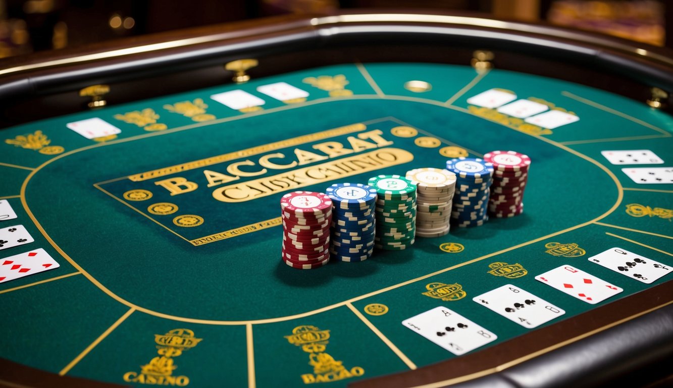 Sebuah set meja kasino mewah untuk permainan Baccarat, dengan kartu dan chip yang elegan disusun rapi di permukaan felt hijau