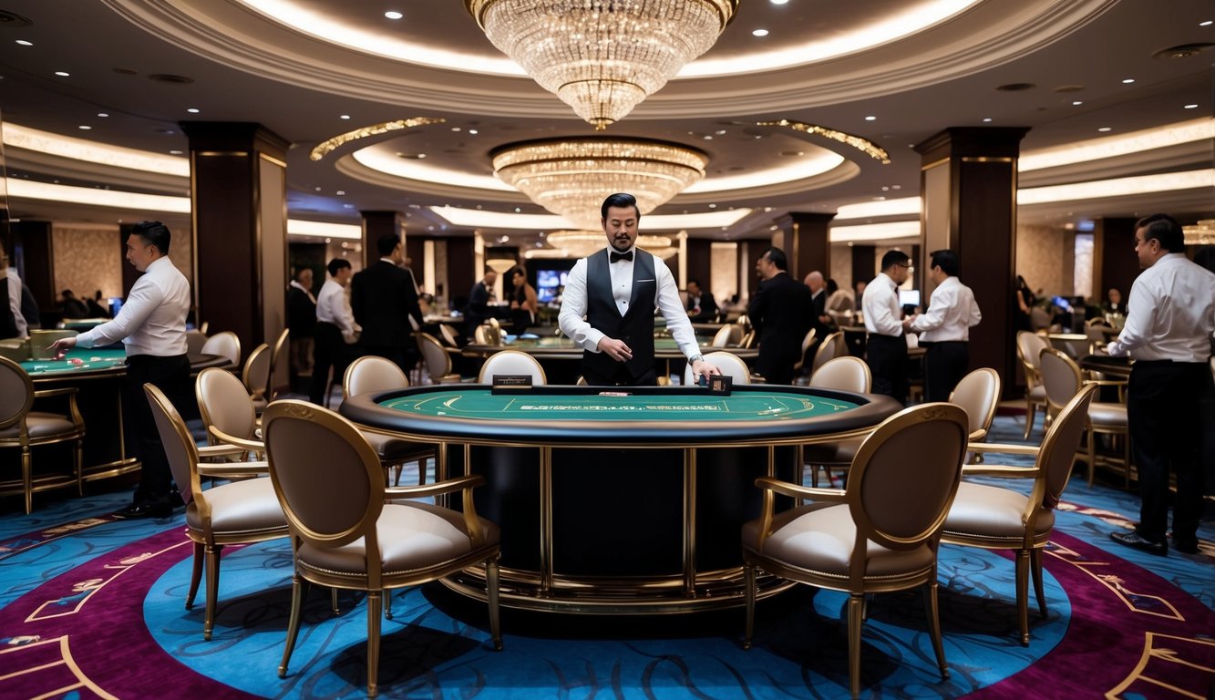 Sebuah meja baccarat mewah dengan kursi elegan, dikelilingi oleh pemain dan seorang dealer, terletak di lingkungan kasino yang canggih.