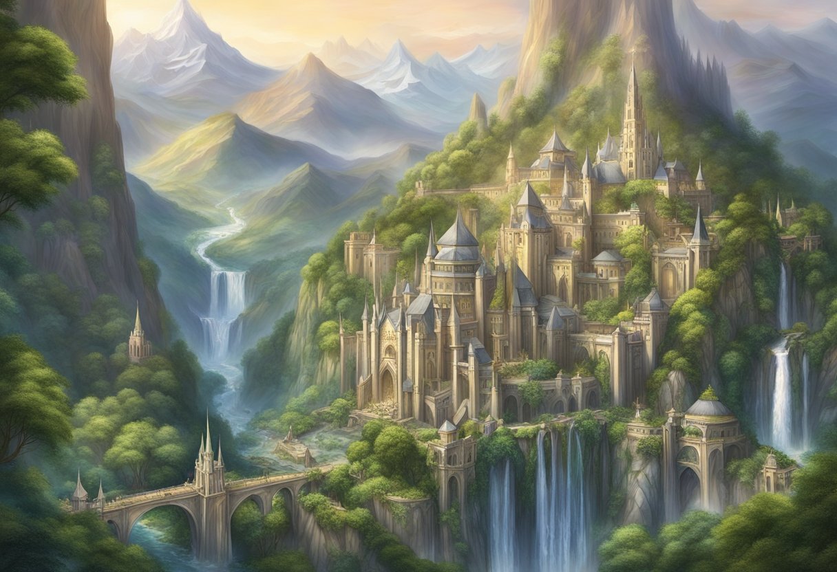 A majestic city nestled in the mountains, with towering spires and intricate architecture. Lush gardens and cascading waterfalls surround the hidden elven realm of Gondolin