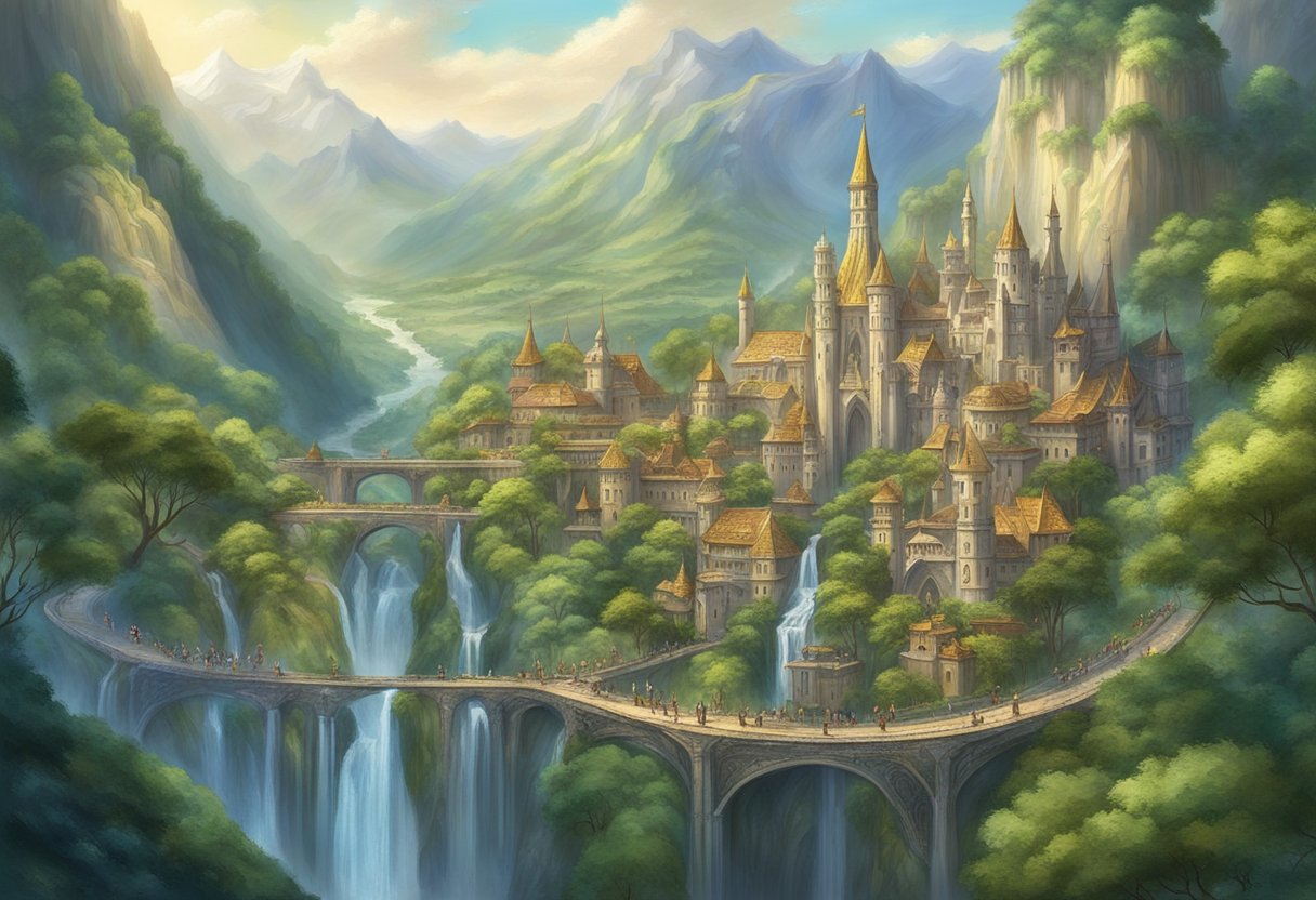 A majestic city nestled in the mountains, surrounded by shimmering waterfalls and lush greenery. Elven architecture and intricate designs adorn the buildings, while noble elves and their lineages roam the streets