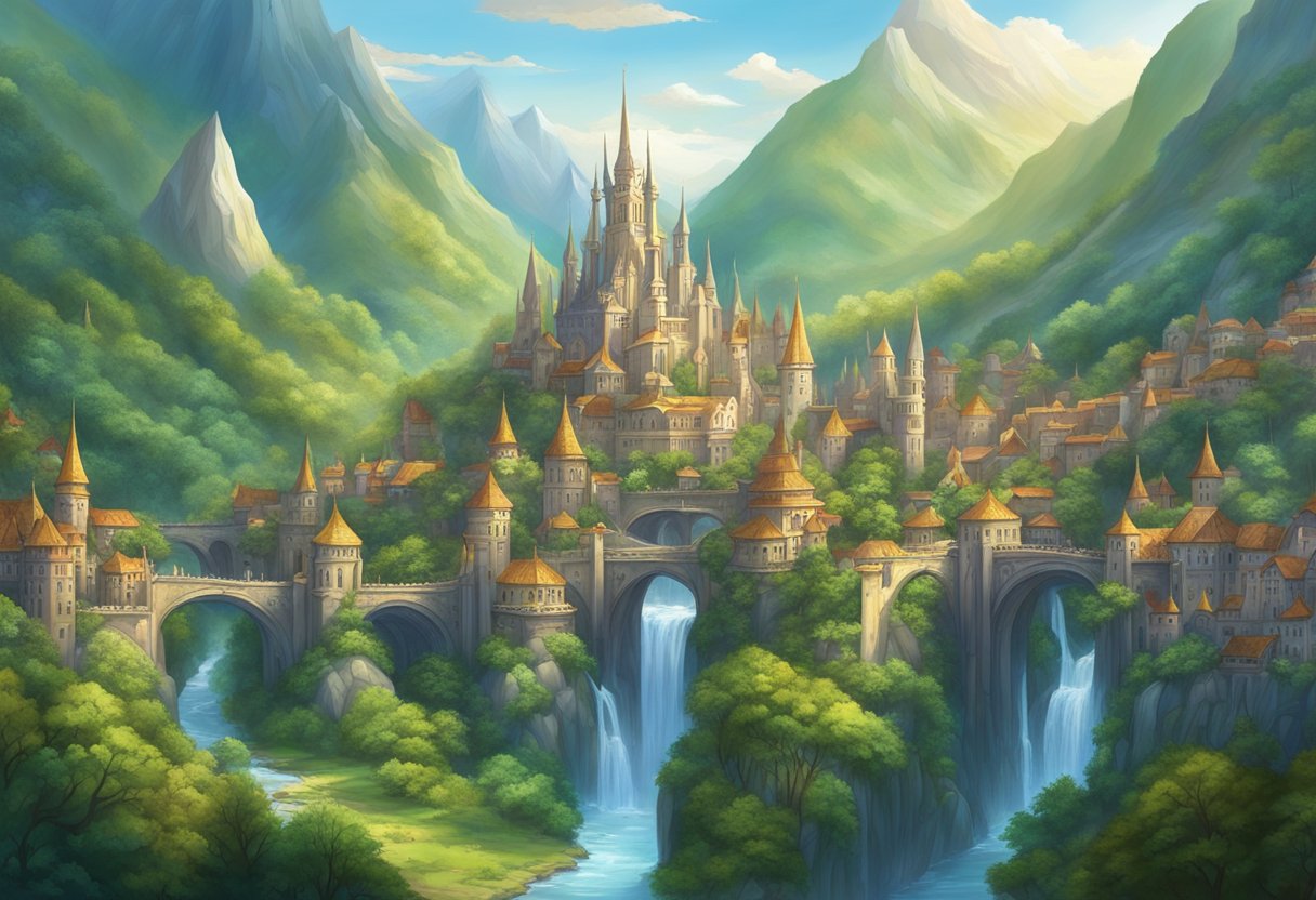 A majestic city nestled in the mountains, adorned with intricate Elven architecture and surrounded by lush, vibrant forests