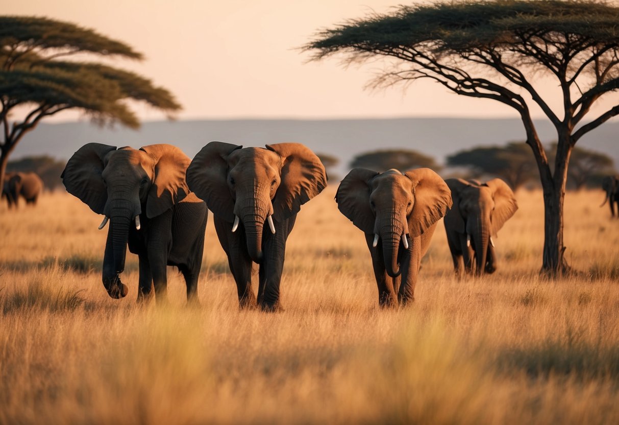 African elephants roam freely in a vast savanna, surrounded by tall grass and acacia trees. Their majestic presence is captured in the golden light of the setting sun