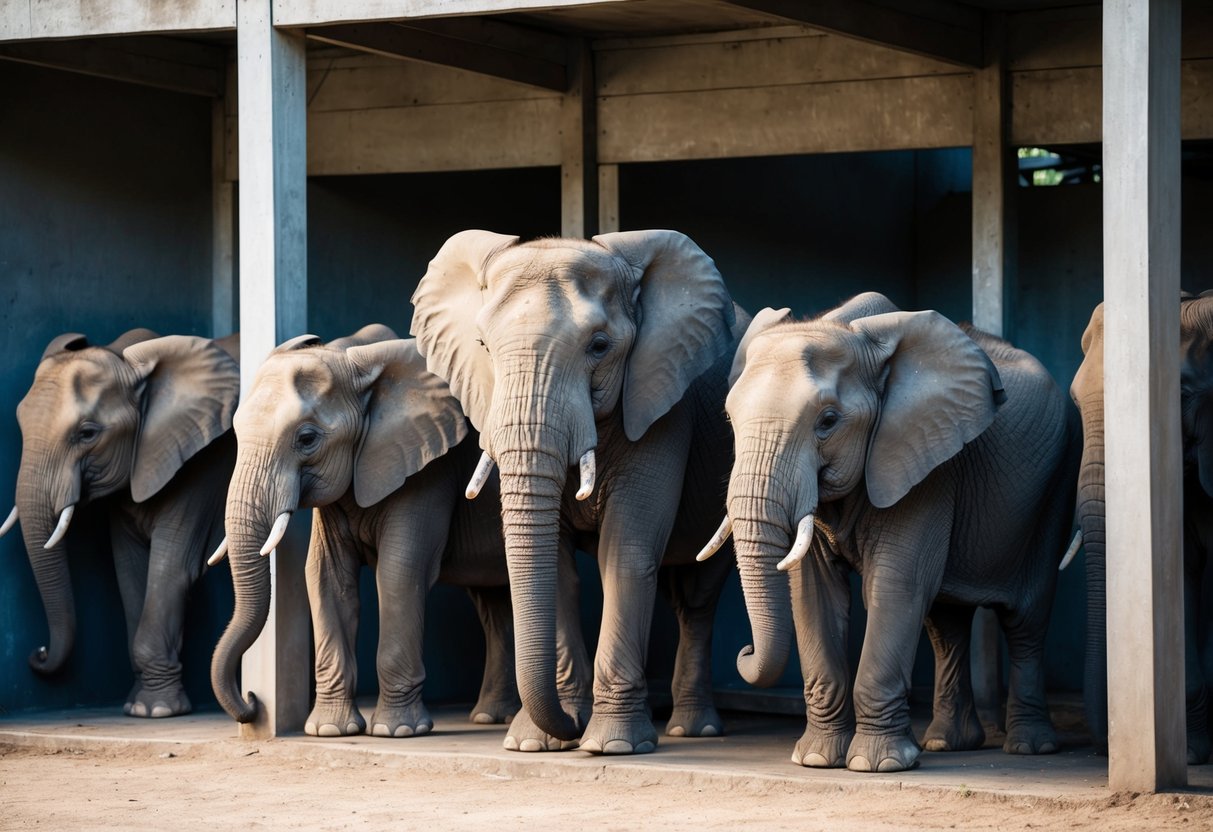 African elephants confined in small zoo enclosure, showing signs of stress and boredom