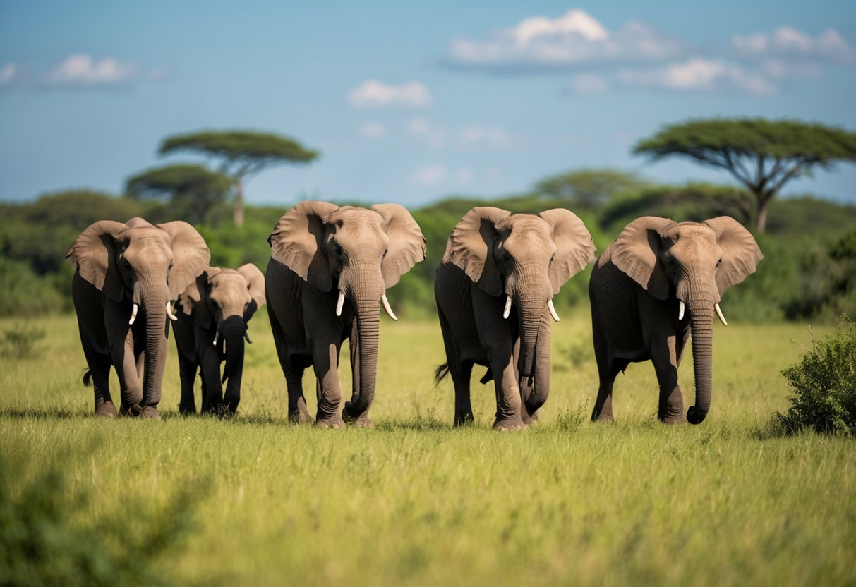 A family of African elephants roams freely in their natural habitat, surrounded by lush greenery and a clear blue sky