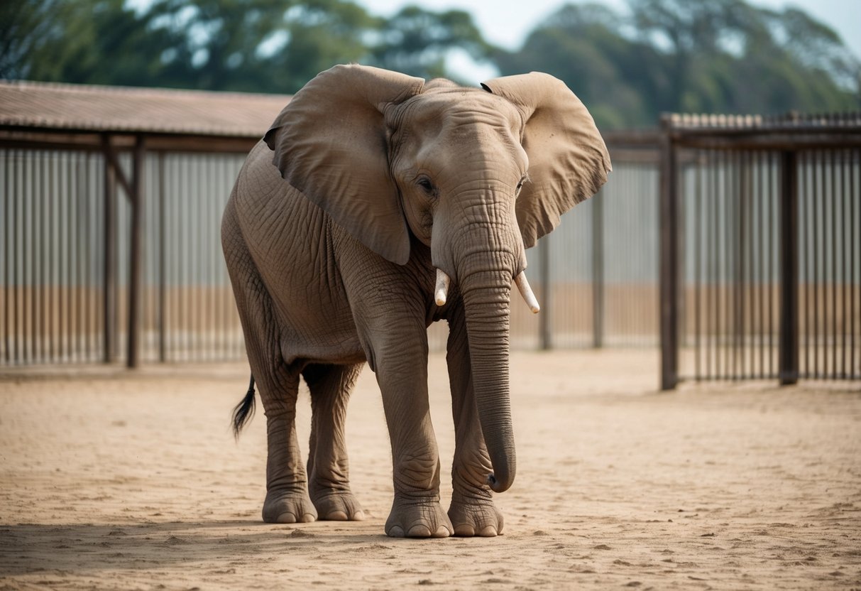 An African elephant stands alone in a spacious but barren enclosure at the zoo, with a look of sadness in its eyes