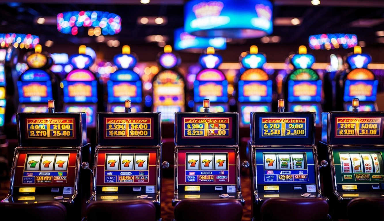 Sekumpulan mesin slot berwarna-warni dengan lampu berkedip dan gulungan berputar di kasino yang ramai
