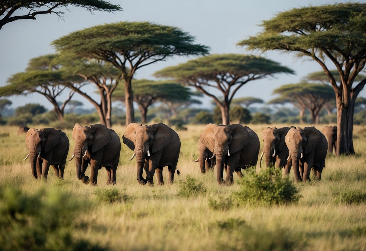 A herd of African elephants roaming freely across the savannah, surrounded by lush vegetation and towering acacia trees, 100 years ago
