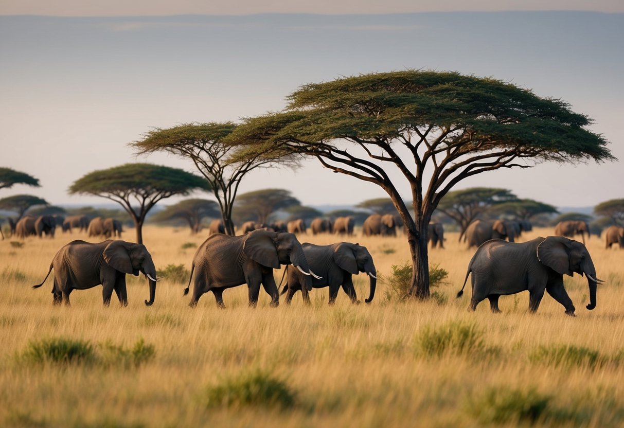 African savanna with herds of elephants roaming freely among the grasslands and acacia trees, undisturbed by human presence