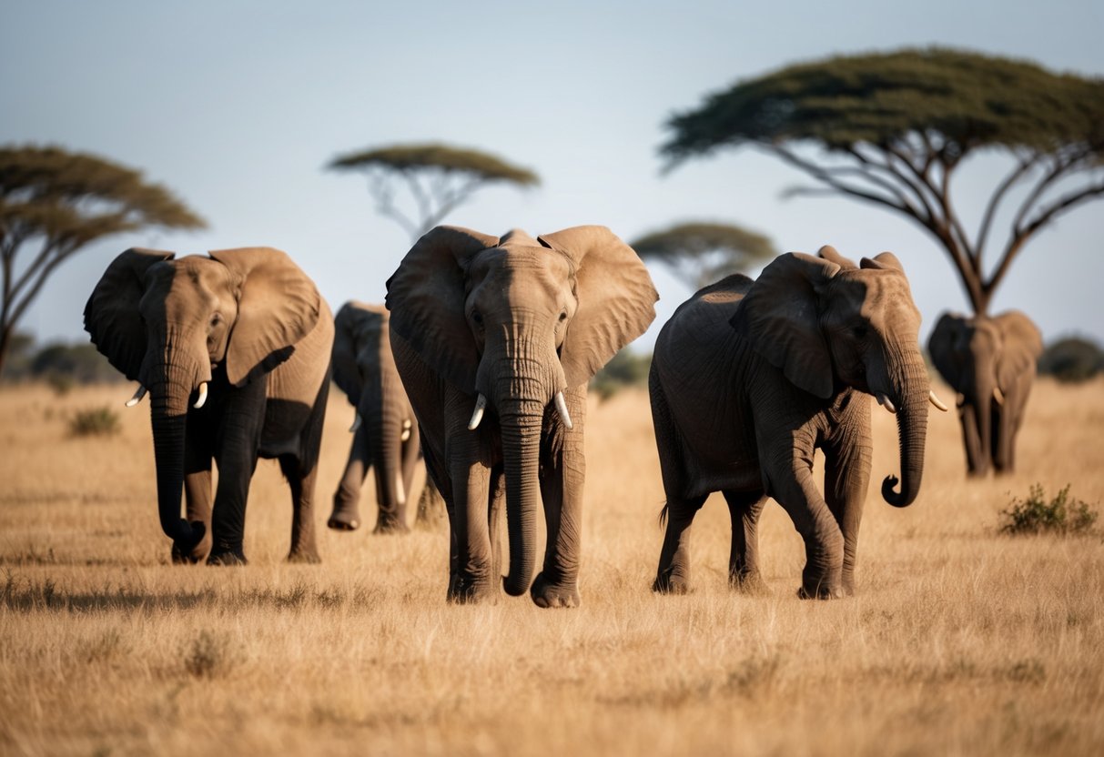A group of African elephants roam through the savannah, while researchers observe and monitor their behavior and population numbers