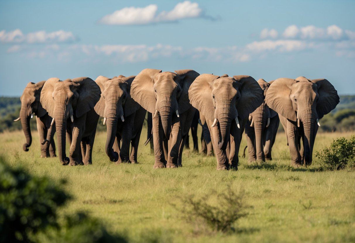 African elephants roam freely in a vast savanna, surrounded by lush greenery and a clear blue sky. The herd moves gracefully, their majestic presence evoking a sense of wonder and awe