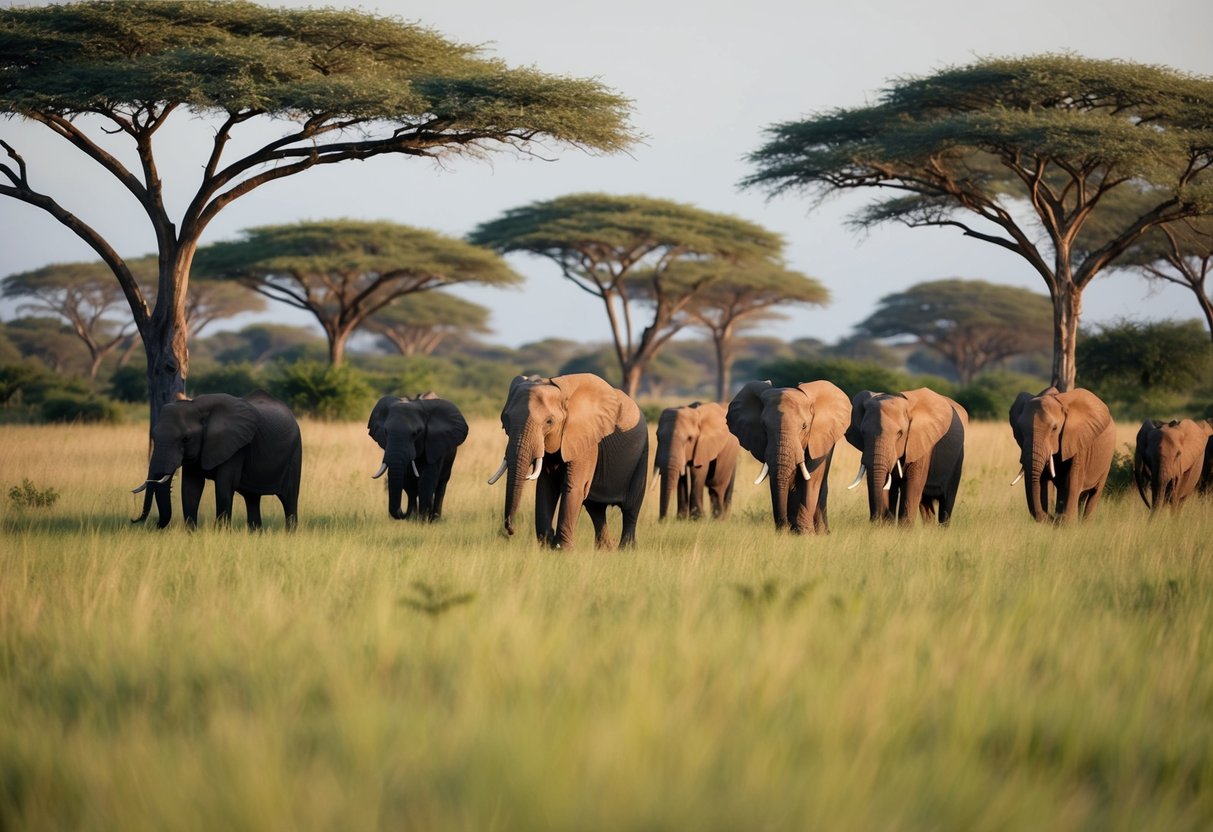 A herd of African elephants roam freely across the vast savanna, surrounded by lush greenery and towering acacia trees