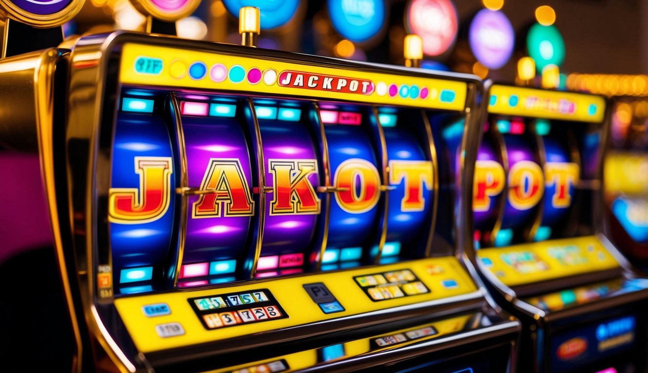 Sebuah mesin slot berwarna-warni dengan lampu berkedip dan gulungan berputar, menampilkan kata "jackpot" dalam huruf tebal