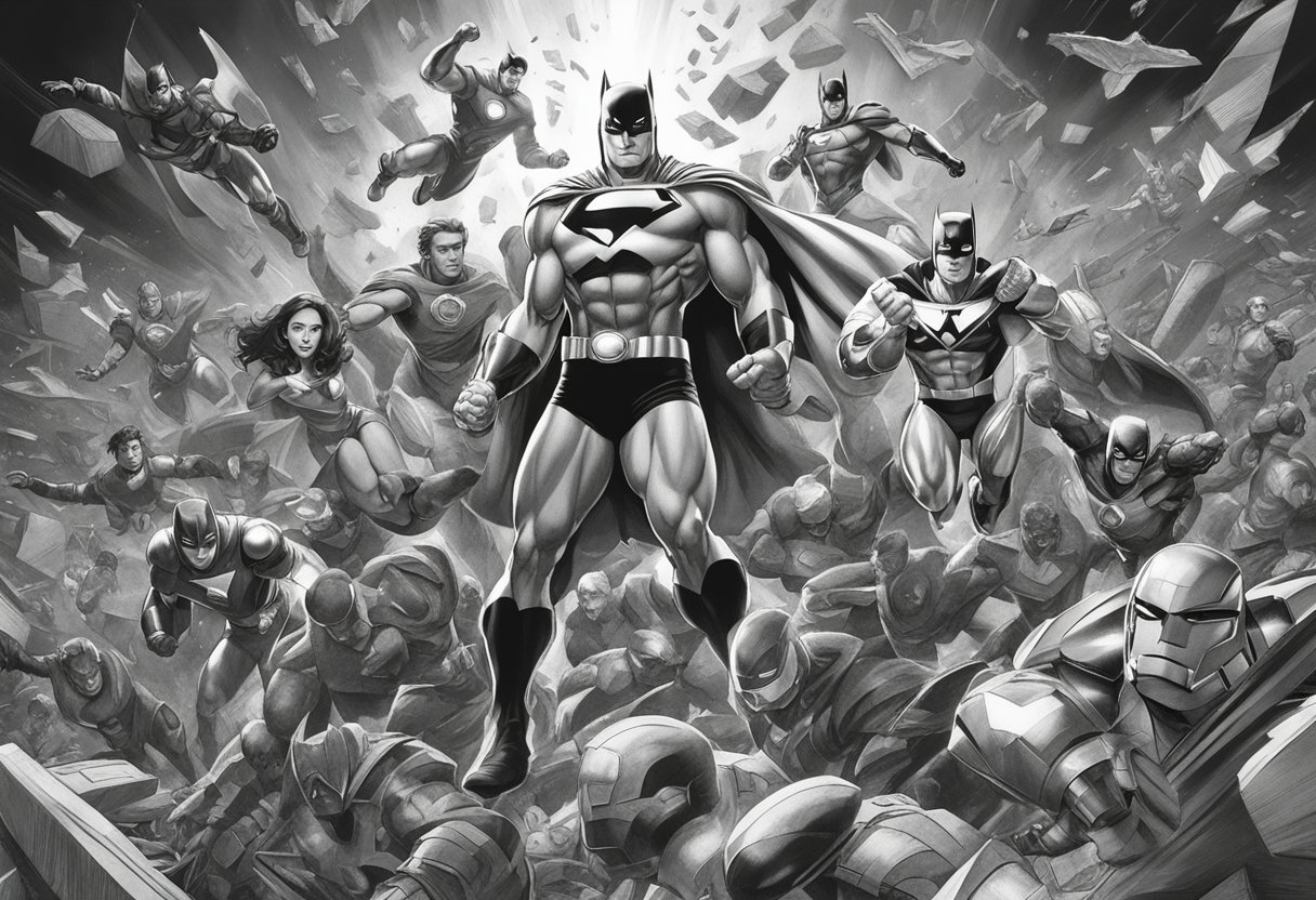 Iconic superheroes in dynamic poses, surrounded by flying debris and dramatic lighting