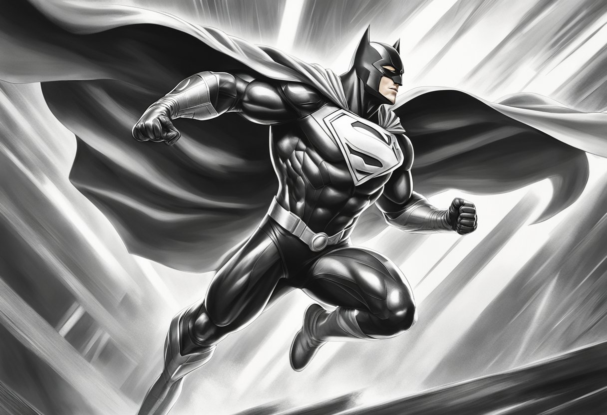 A superhero in a dynamic pose, with a flowing cape and powerful stance, surrounded by dramatic lighting and action lines