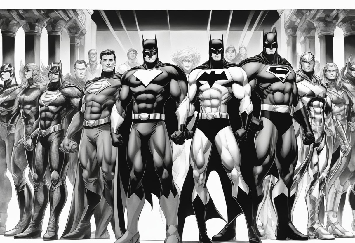 A group of powerful superheroes standing together in dynamic poses, with dramatic lighting and bold, stylized costumes