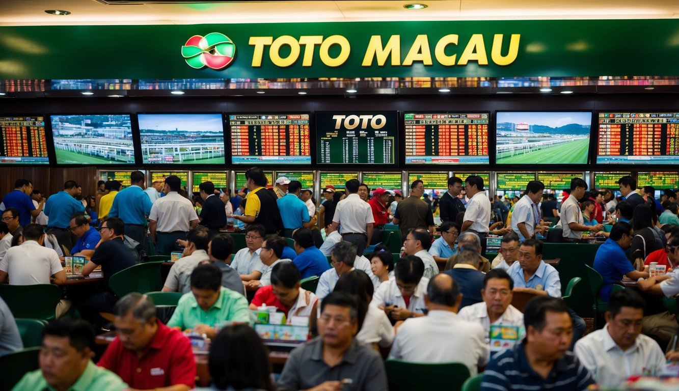 Sebuah toko taruhan Toto Macau yang ramai dan hidup dengan orang-orang yang memasang taruhan dan menonton balapan di layar besar