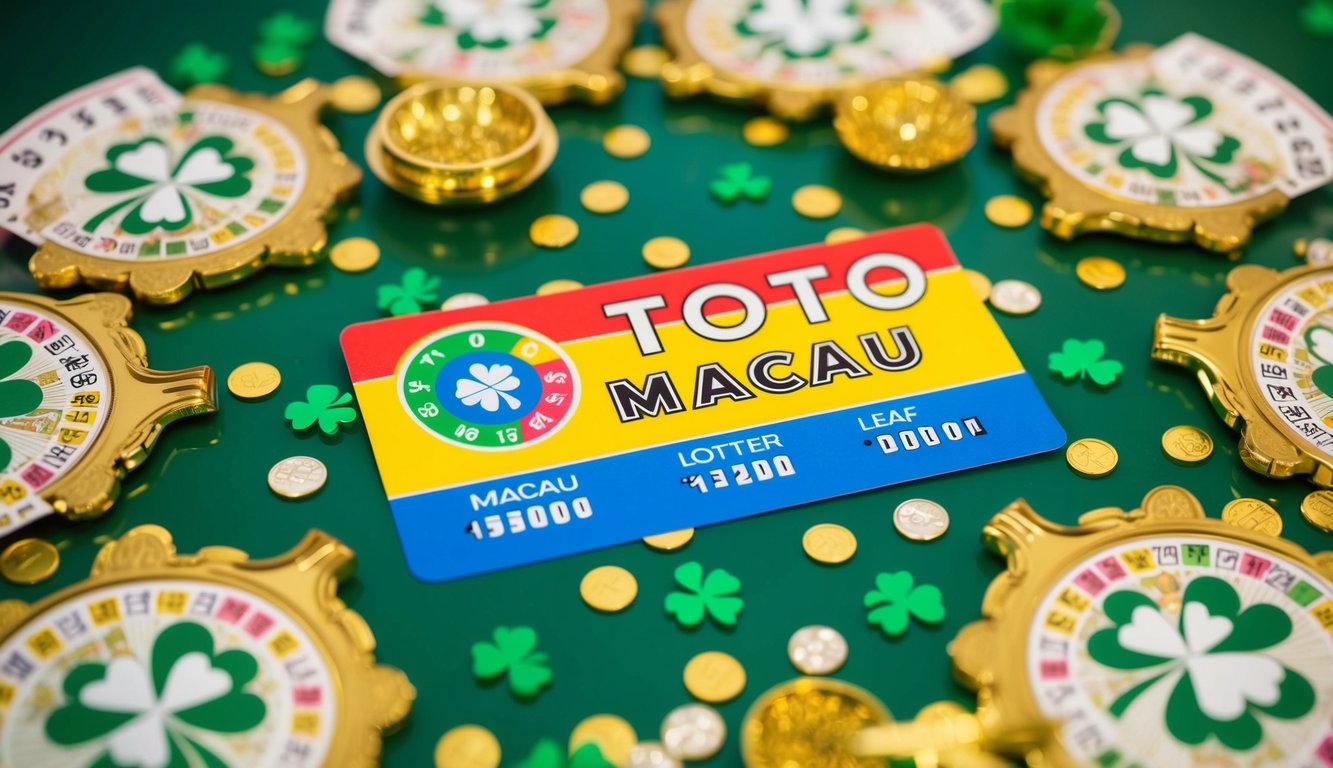 Sebuah tiket lotere Toto Macau yang berwarna-warni dikelilingi oleh simbol keberuntungan dan elemen keberuntungan, seperti sepatu kuda dan semanggi empat daun