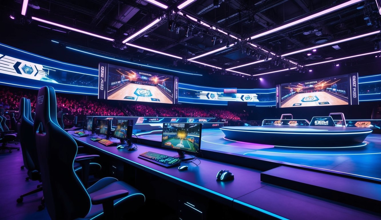 Sebuah arena esports futuristik dengan arsitektur ramping yang diterangi neon dan tampilan digital besar yang menampilkan kompetisi game yang intens