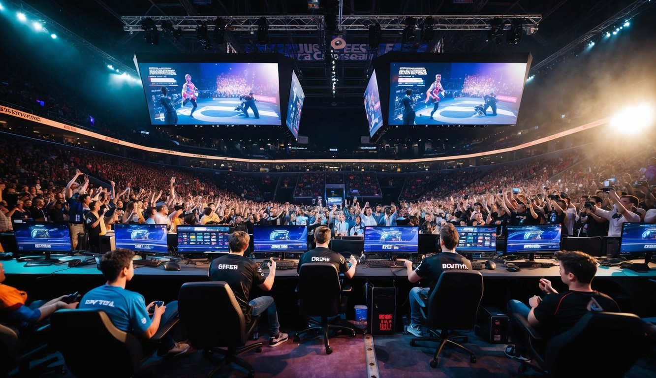 Sebuah arena yang ramai dengan layar raksasa, penggemar bersorak, dan pemain bersaing dalam pertandingan esports yang intens