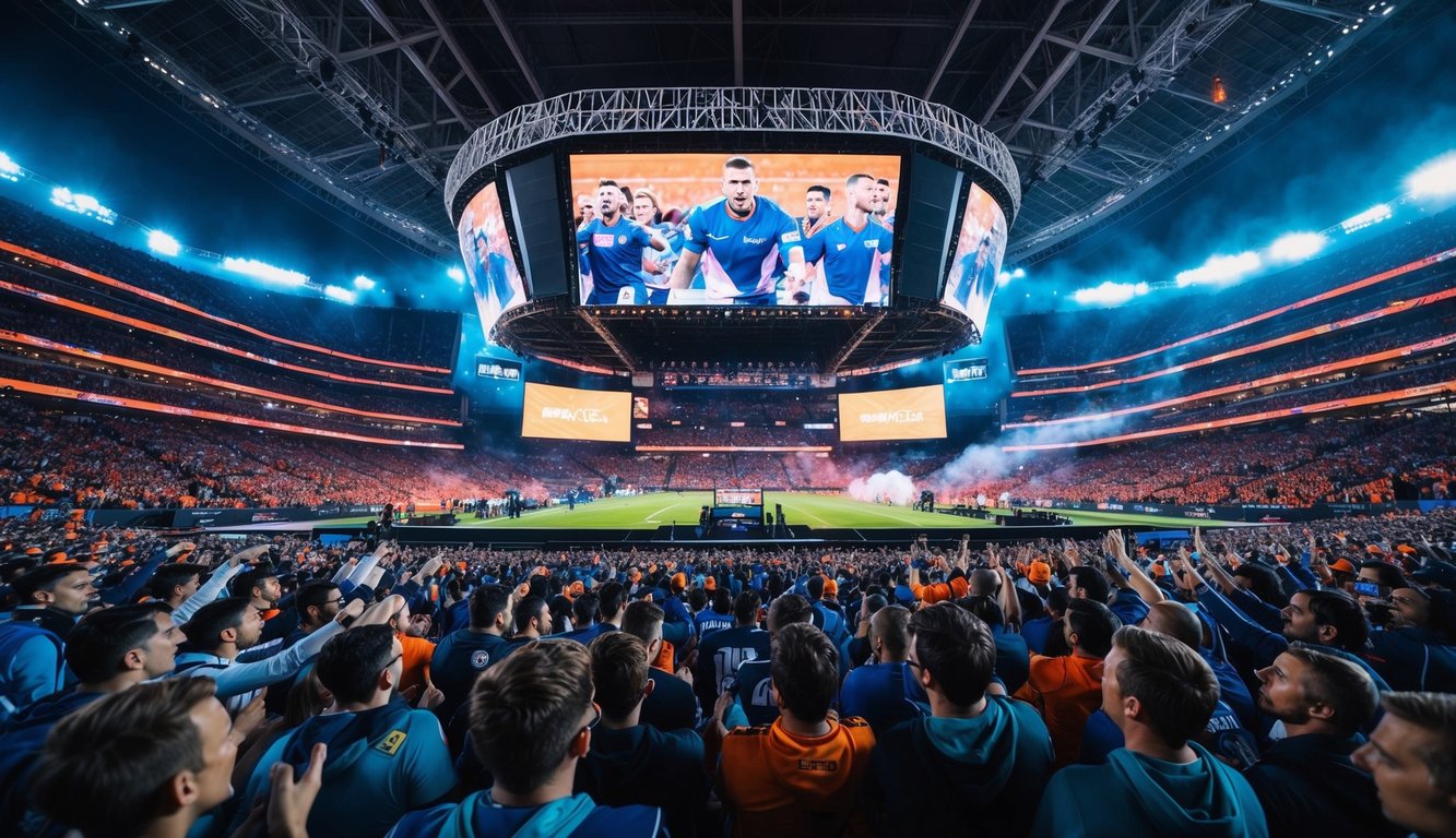 Sebuah stadion yang ramai dengan layar raksasa, penggemar yang bersorak, dan permainan yang intens di panggung utama