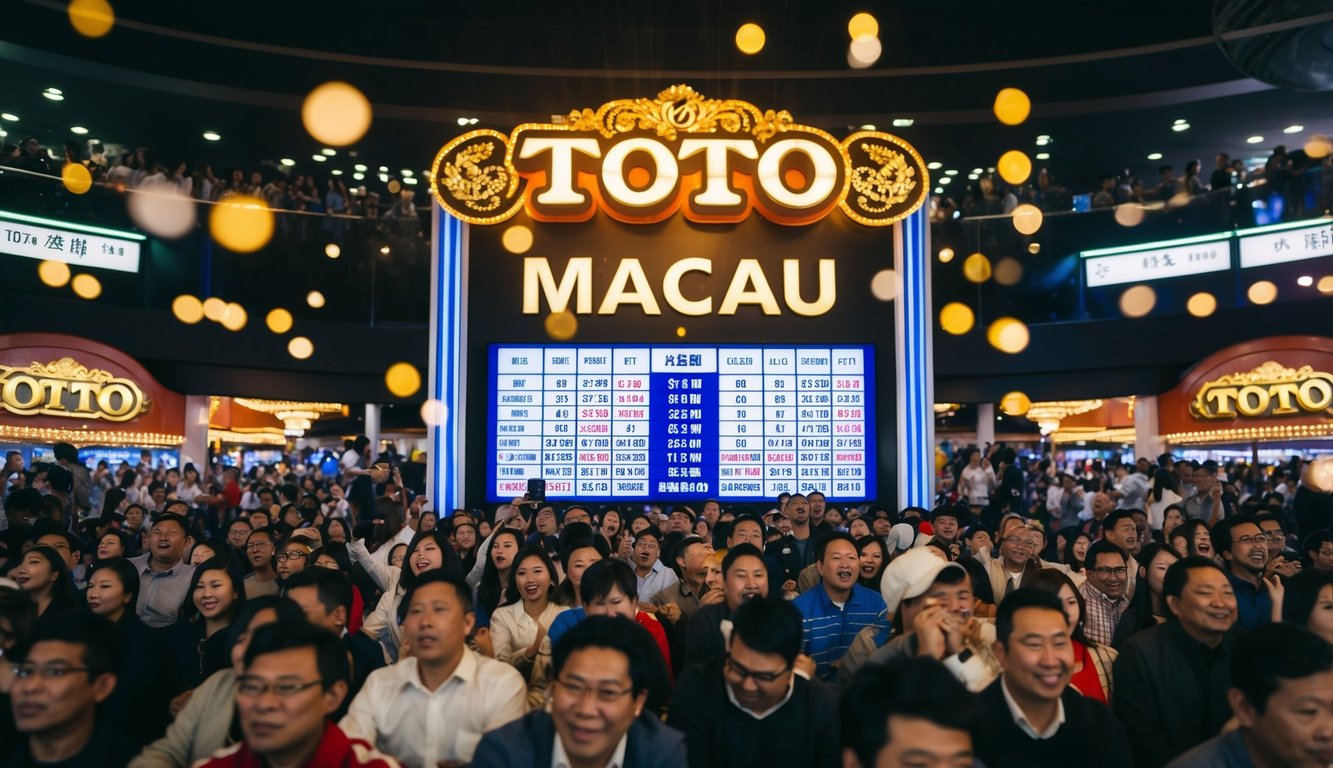 Sebuah pengumuman hasil Toto Macau yang ramai dan hidup dengan lampu berkedip dan pengunjung yang bersemangat