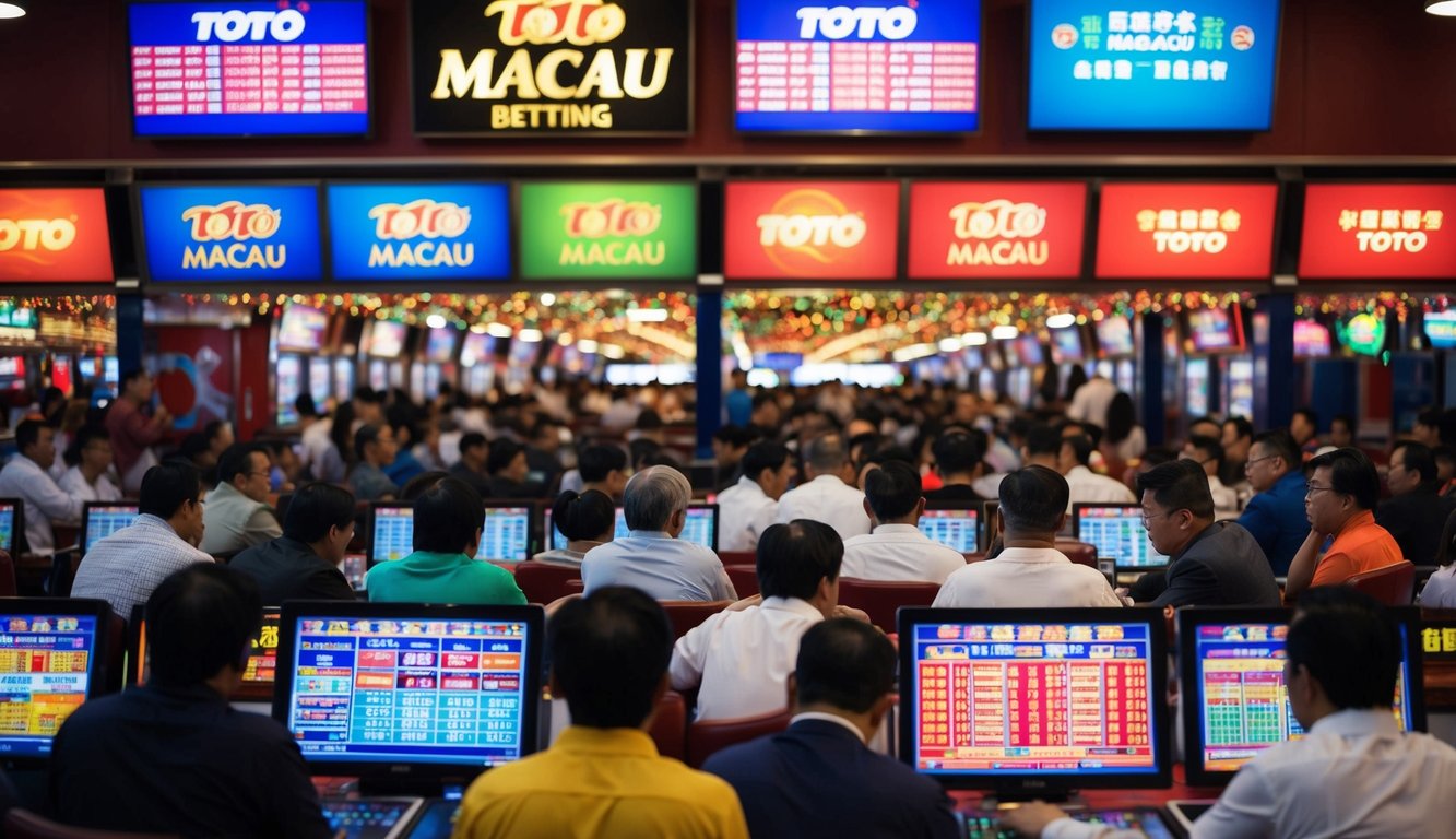 Sebuah toko taruhan Toto Macau yang ramai dengan layar berwarna-warni dan pengunjung yang bersemangat