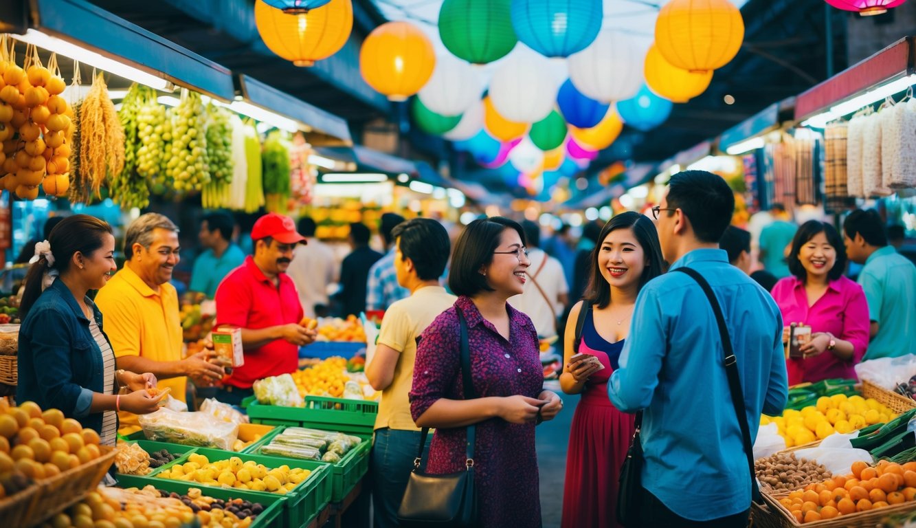 Sebuah pemandangan yang berwarna-warni dan hidup dari pasar yang ramai dengan berbagai penjual yang menjual barang dan orang-orang terlibat dalam percakapan yang meriah