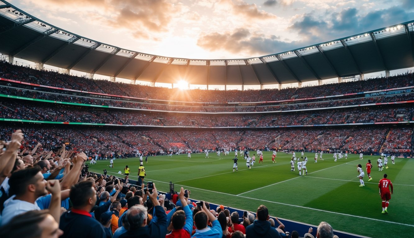 Sebuah stadion olahraga yang ramai dengan penggemar yang bersorak dan pemain di lapangan