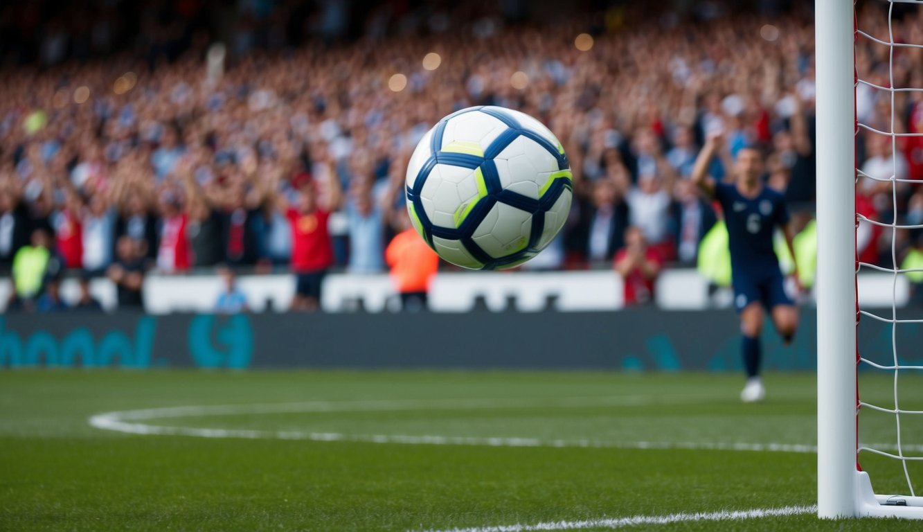 Sebuah bola sepak terbang ke dalam jaring gawang, dengan penggemar yang bersorak di latar belakang