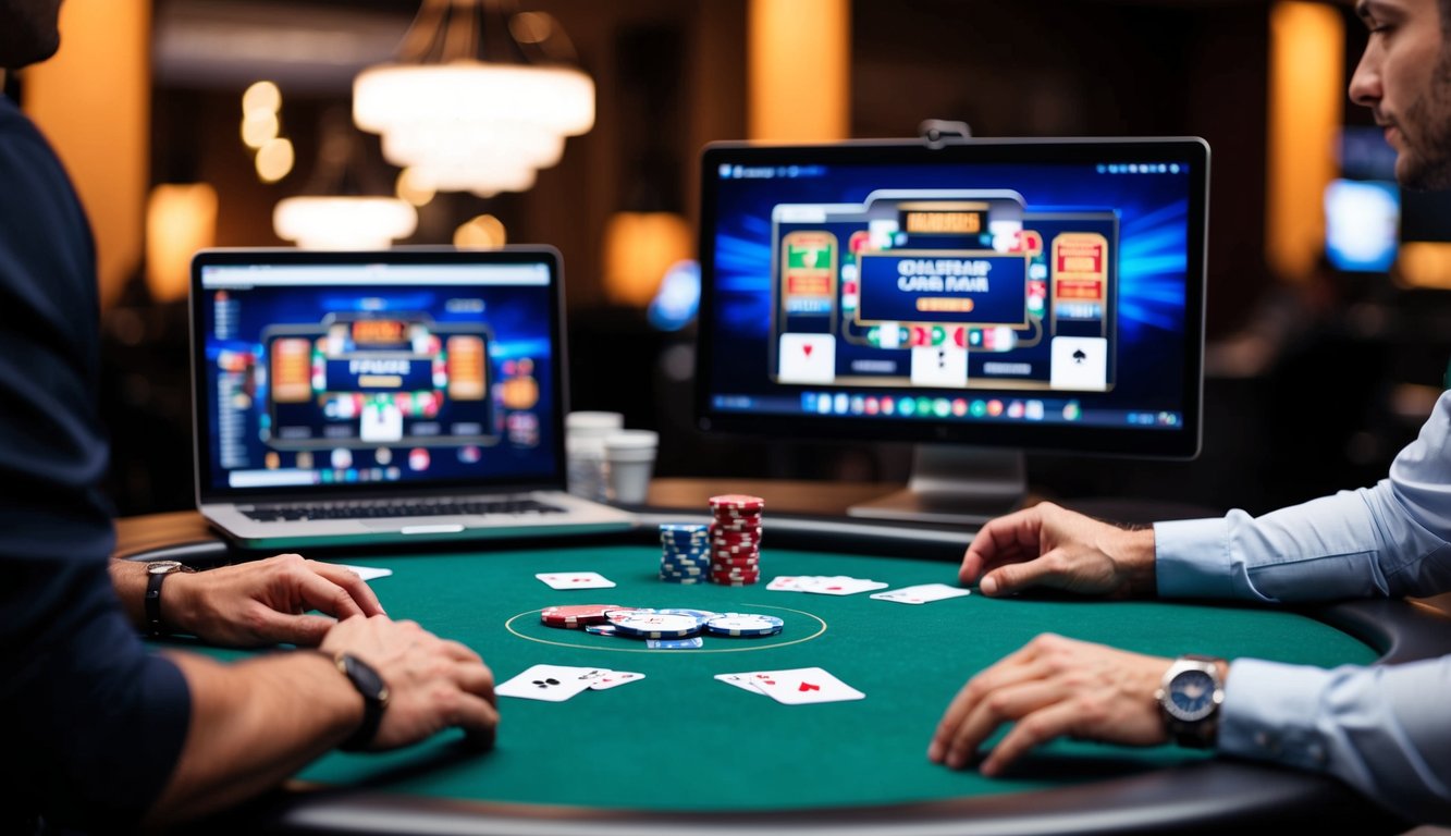 Sebuah meja poker dengan kartu, chip, dan layar komputer yang menampilkan permainan poker online