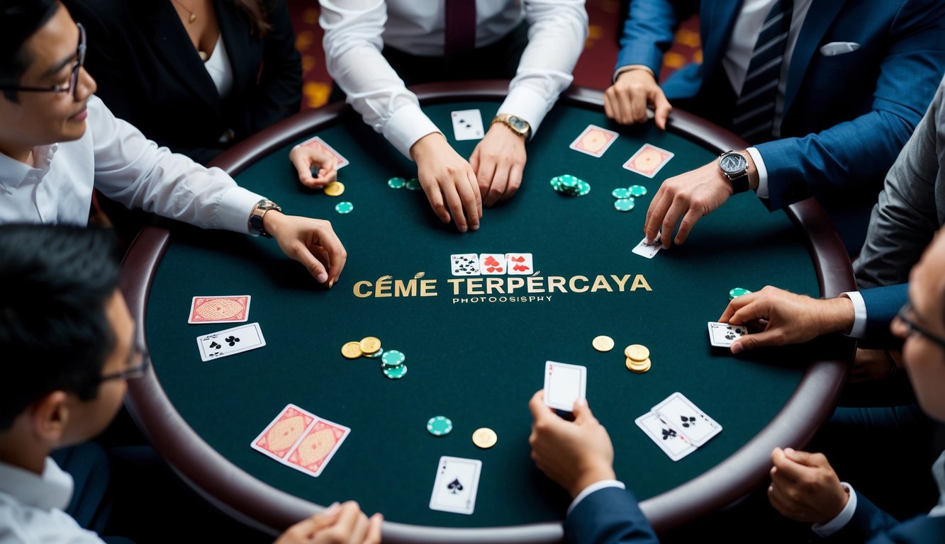 Sekelompok orang berkumpul di sekitar meja, bermain permainan Ceme Online Terpercaya, dengan kartu dan chip berserakan di permukaan.