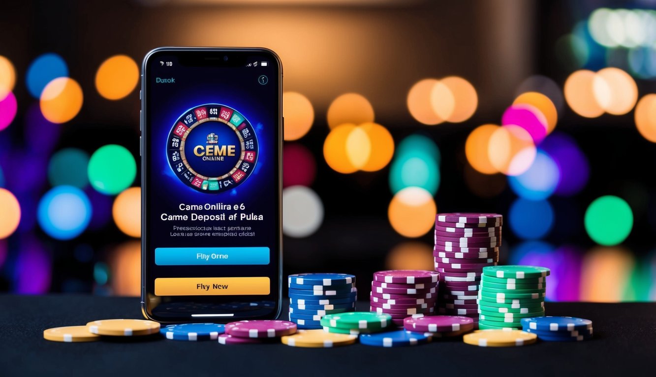 Sebuah smartphone dengan layar yang menyala menampilkan antarmuka Ceme Online Deposit Pulsa, dikelilingi oleh tumpukan chip poker berwarna-warni