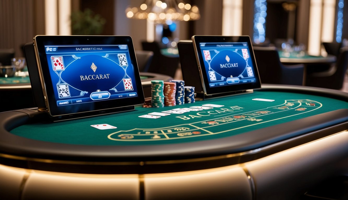 Sebuah meja baccarat yang ramping dan modern dengan layar digital, kartu, dan chip. Pencahayaan yang elegan dan suasana yang canggih.