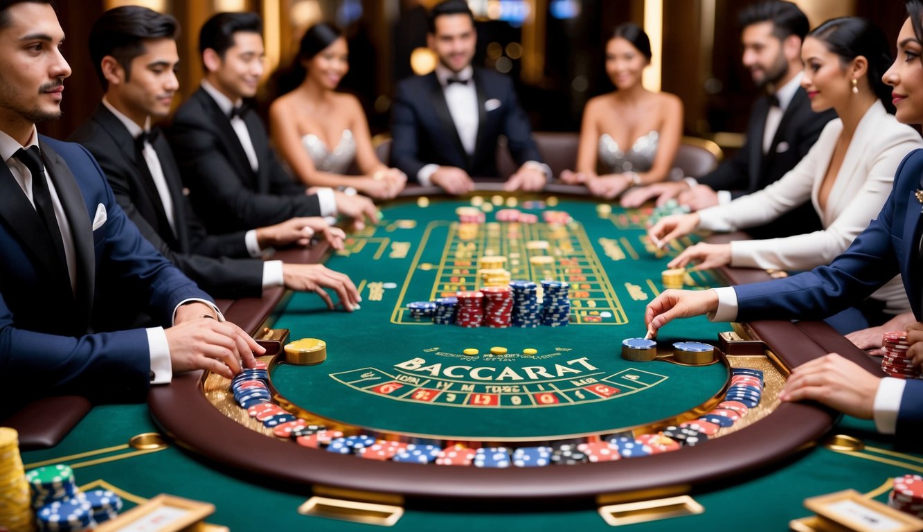 Sebuah meja baccarat mewah dengan warna-warna cerah dan chip berkilau, dikelilingi oleh pemain yang elegan dan perhatian dalam suasana online yang mewah.