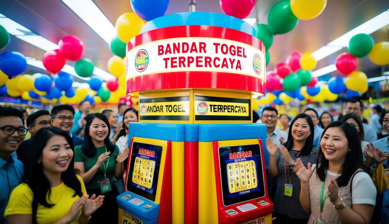 Sebuah stan tiket lotere yang berwarna-warni dan cerah dengan papan besar yang menampilkan "Bandar togel terpercaya" dikelilingi oleh pelanggan yang antusias.