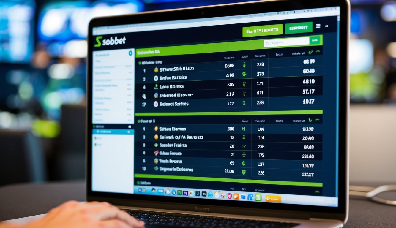 Sebuah layar digital yang menampilkan odds taruhan langsung dan acara olahraga di platform online Sbobet