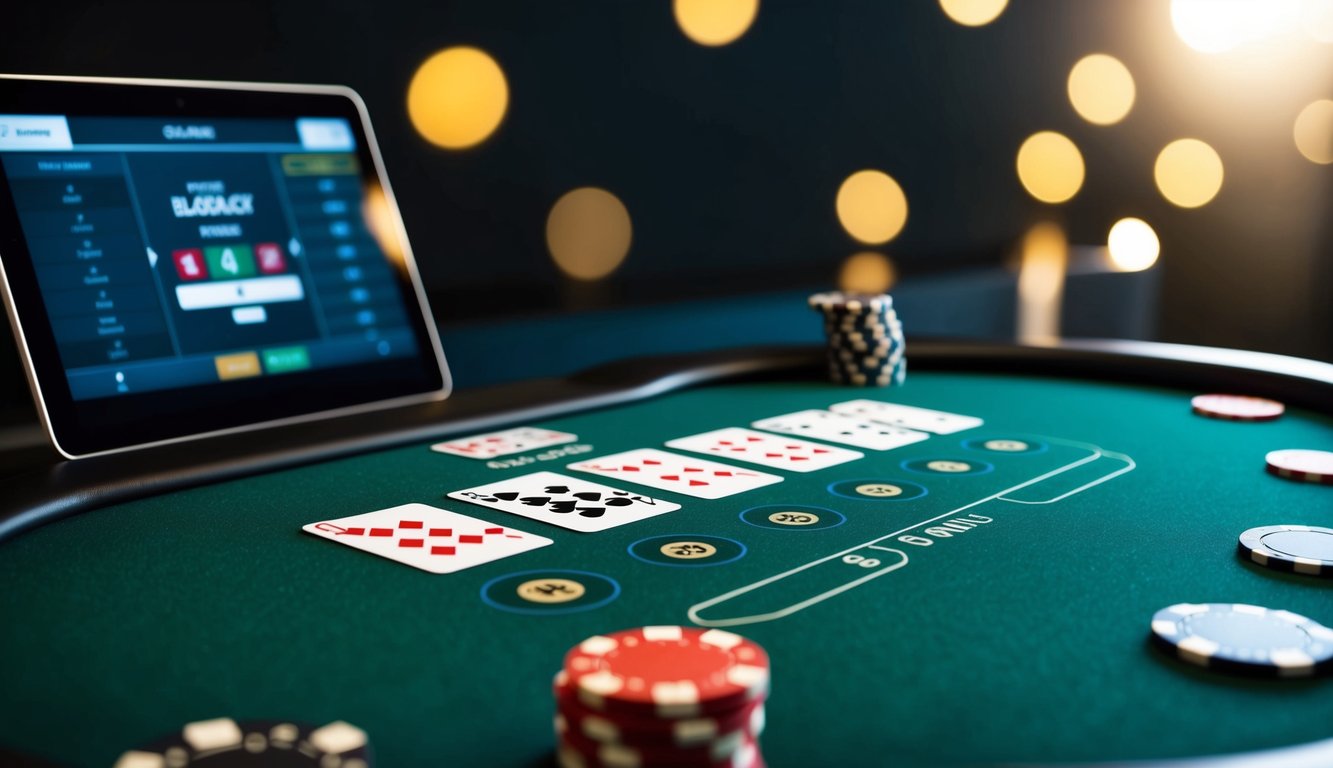 Sebuah meja blackjack online yang ramping dan modern dengan kartu dan chip virtual, diatur di latar belakang gelap dengan nuansa profesional dan dapat dipercaya