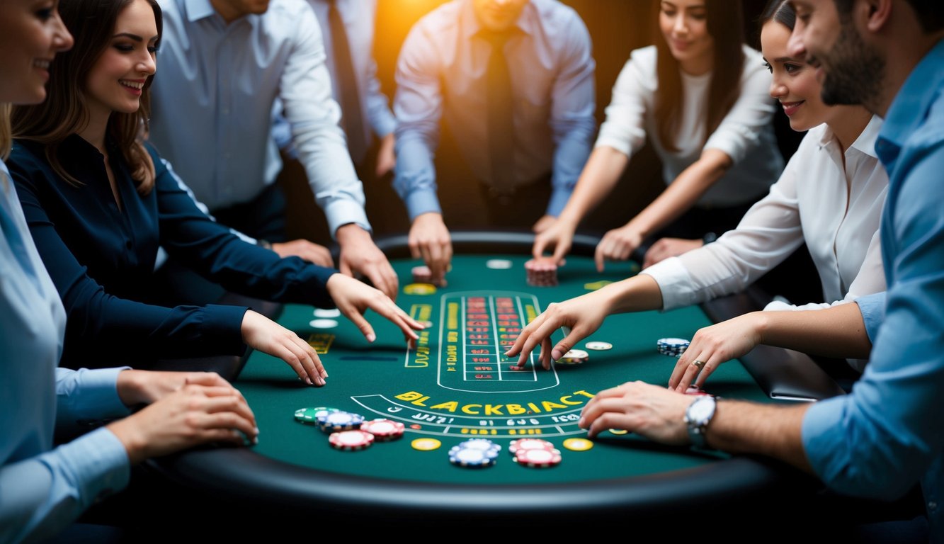 Sekelompok orang berkumpul di sekitar meja blackjack virtual, memasang taruhan dan berinteraksi dengan antarmuka permainan online.