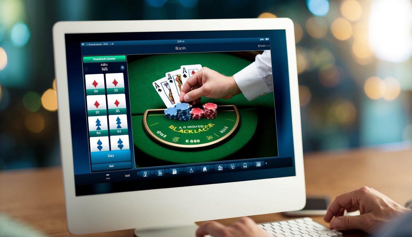 Sebuah layar digital menampilkan permainan blackjack online dengan kartu dan chip virtual. Tangan seorang pemain ditampilkan membuat taruhan.